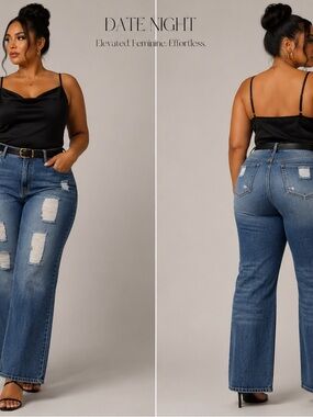 High-Rise Flare Jeans with Distressed Detail - Blue